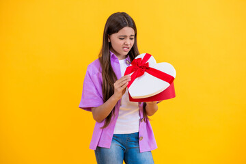 be my valentine. teen girl hold heart box for Valentines Day. teen girl has Valentines mood. teen...