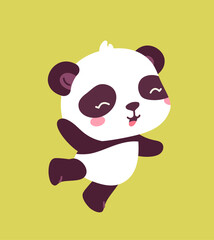 Cute panda sticker. Adorable asian fluffy animal flying. Fauna and wild life. Chinese biology and zoology. Poster or banner. Cartoon flat vector illustration isolated on green background