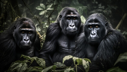 Obraz premium Black primate group sitting in tropical rainforest, staring at camera generated by AI