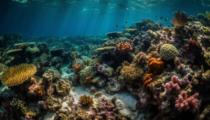 Multi colored fish swim in natural beauty of tropical reef landscape generated by AI