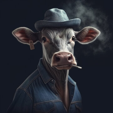 Image of of a cow dressed in denim shirt and wearing a hat and smoking cigars on clean background. Fashion, Wildlife Animals.