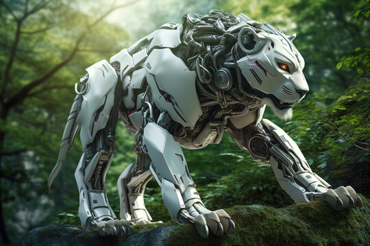 Image of lion gundam robot technology an ectronic in the forest. Wildlife Animals. 
