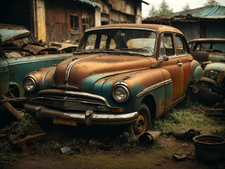 old abandoned rusty car in the junkyard