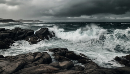 Fototapeta premium Rough waters edge, dramatic sky, crashing waves, spray splashing generated by AI