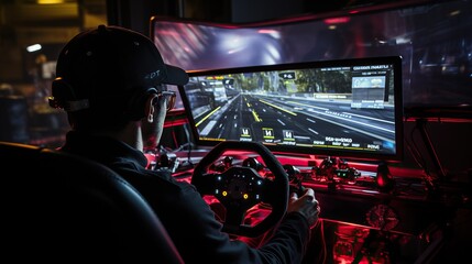 back view man playing car racing simulator at home gaming desk set up, steering wheel driving game having fun playing racing video game