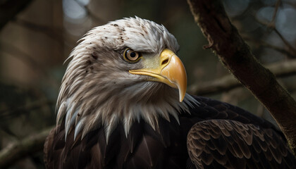 Obraz premium Majestic bird of prey perching on branch, talons in focus generated by AI