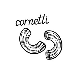 Pasta line concept. Cornetti shape of macaroni. Traditional italian cuisine and kitchen. Poster or banner for website. Linear flat vector illustration isolated on white background