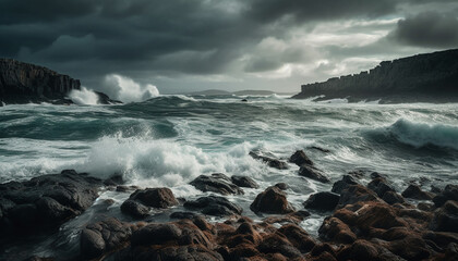Fototapeta premium Breaking waves crash against rocky coastline at sunset, awe inspiring beauty generated by AI