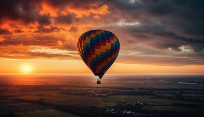 Multi colored hot air balloon soars high above vibrant landscape generated by AI