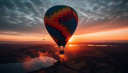 Vibrant hot air balloon soars above mountain in colorful sunset generated by AI