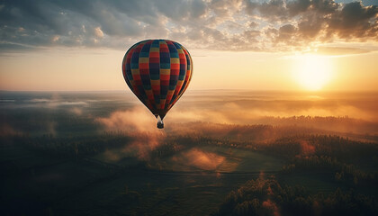 Hot air balloon adventure flying high over mountain landscape generated by AI