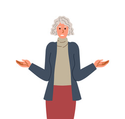 Pensive person concept. Thoughtful old woman. Facial expressions and gestures, emotions. Idea and insight. Poster or banner. Cartoon flat vector illustration isolated on white background