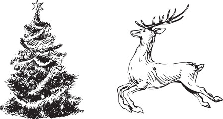 SET OF Illustration of Merry Christmas, Christmas Tree and Reindeer