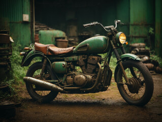 Obraz na płótnie Canvas vintage rusty green motorcycle in the junkyard