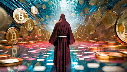 a person in  red cloak is walking into the void surround by the crypto currency bitcoin.  the digital dollar is making it way into main stream finance  - obrazy, fototapety, plakaty