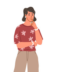 Pensive person concept. Thoughtful young girl. Facial expressions and gestures, emotions. Woman in casual cothes. Template and layout. Cartoon flat vector illustration isolated on white background