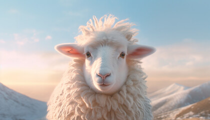 Cute lamb grazing on snowy meadow, looking at camera generated by AI