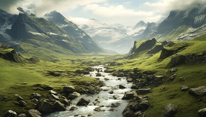 Fototapeta na wymiar Majestic mountain peak, tranquil meadow, flowing water, serene landscape generated by AI