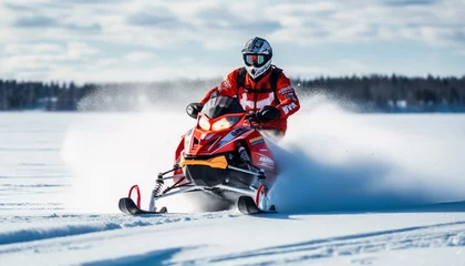 Fotobehang Men driving snowmobiles in a winter race, full of excitement generated by AI © Jemastock