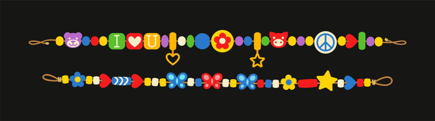 Plastic bracelets set. Accessory and decoration. Multicolored symbols on rope. Fashion, trend and style of 80s and 90s. Cartoon flat vector collection isolated on black background
