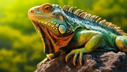 Obraz premium A cute iguana in the tropical rainforest, looking at the camera generated by AI