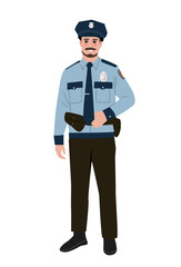 Person of various profession concept. Policeman with pistol. Man in blue police uniform. Security and safety, guard. Cartoon flat vector illustration isolated on white background