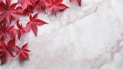 Red maple leaves on marble background, Cozy Autumn, Fall season, Copy space. Generative AI