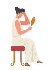 Ancient rome person. History and culture. Woman in white dress with mirror. Princess and queen. Graphic element for website. Cartoon flat vector illustration isolated on white background