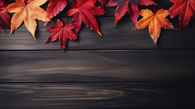 Red maple leaves on dark wooden background, Cozy Autumn, Fall season, Copy space. Generative AI