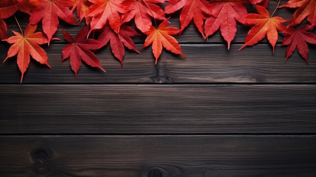 Red maple leaves on dark wooden background, Cozy Autumn, Fall season, Copy space. Generative AI