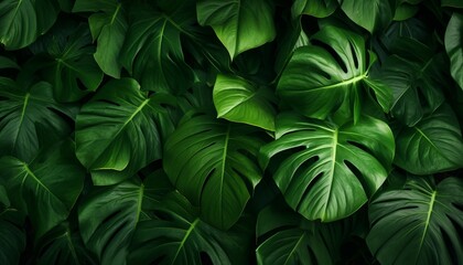 tropical leaves background top view, closeup nature view of green leaves background. Generative AI - obrazy, fototapety, plakaty