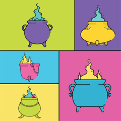Set of halloween witch cauldron icons Vector illustration