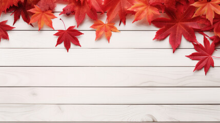 Red maple leaves on light wooden background, Cozy Autumn, Fall season, Copy space. Generative AI