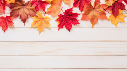 Naklejka na ściany i meble Red maple leaves on light wooden background, Cozy Autumn, Fall season, Copy space. Generative AI