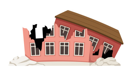 Ruined cracked building. Pink home after disaster and catastrophe. Social media sticker. Demolition and collapse. Cartoon flat vector illustration isolated on white background