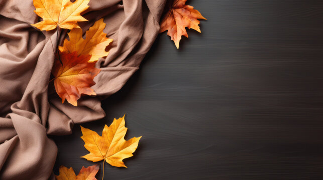 Cozy autumn, Red maple leaves on wooden background, Copy space. Generative AI