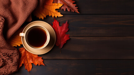 Cozy autumn, Red maple leaves, Cup of coffee on wooden background, Copy space. Generative AI