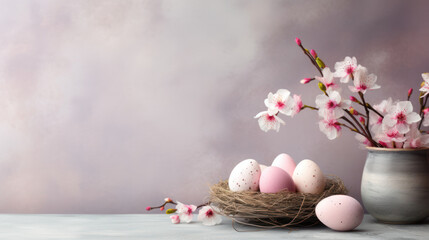 Obraz na płótnie Canvas Colorful Easter eggs in nest, Happy Easter season, Floral decoration, Copy space. Generative AI