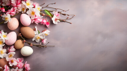 Easter eggs and flowers decoration, Happy Easter season, Copy space. Generative AI