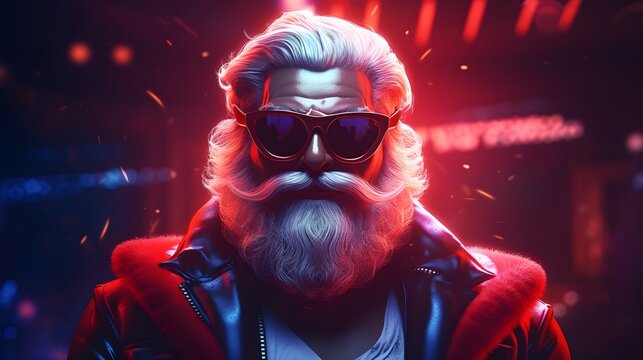 Santa, 3d illustration, neon lights, holiday poster, background with lights, rendering, render art, collection, christmas vibe. Generative AI