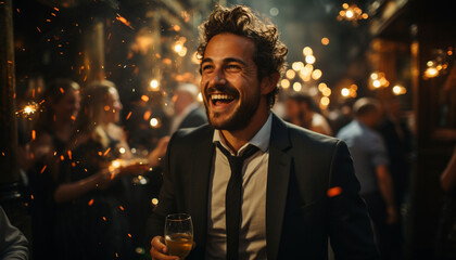 A joyful businessman enjoys a party in the illuminated city generated by AI - obrazy, fototapety, plakaty