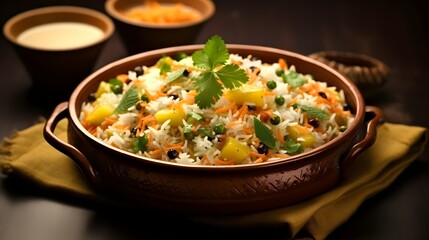 Indian Vegetable Pulav or Biryani made using Basmati Rice, served in terracotta bowl. selective focus