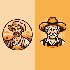 Cartoon farmer with hat and beard. Vector illustration in retro style