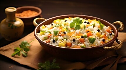 Indian Vegetable Pulav or Biryani made using Basmati Rice, served in terracotta bowl. selective focus