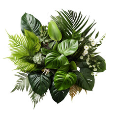 Bouquet of flowers with tropical leaves, Summer bouquet, flower arrangement or bouquet spring flowers isolated on a transparent background. Generative AI