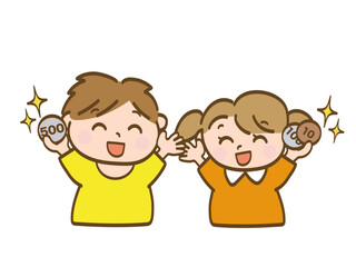 お小遣いをもらって大喜びの男の子と女の子_小学生低学年_幼児