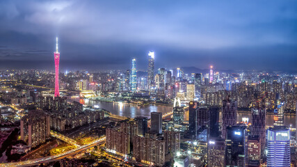 Fototapeta premium Aerial photography of modern architectural landscapes at night in Guangzhou, China
