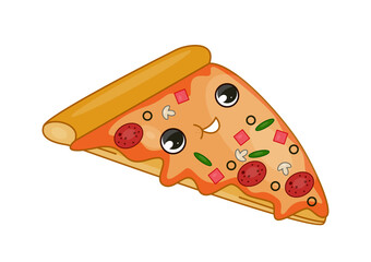 Fast food element sticker. Slice of pizza. Dessert and delicacy for cafe and catering. Italian takeaway eating. Template and mock up. Cartoon flat vector illustration isolated on white background