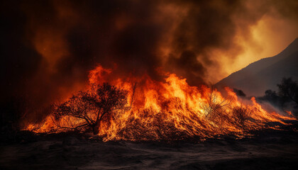 Nature inferno forest fire destroys landscape, leaving ash and destruction generated by AI