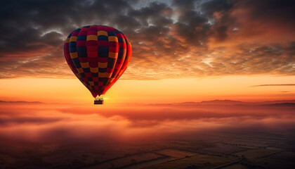 Multi colored hot air balloon soars high in nature beauty generated by AI